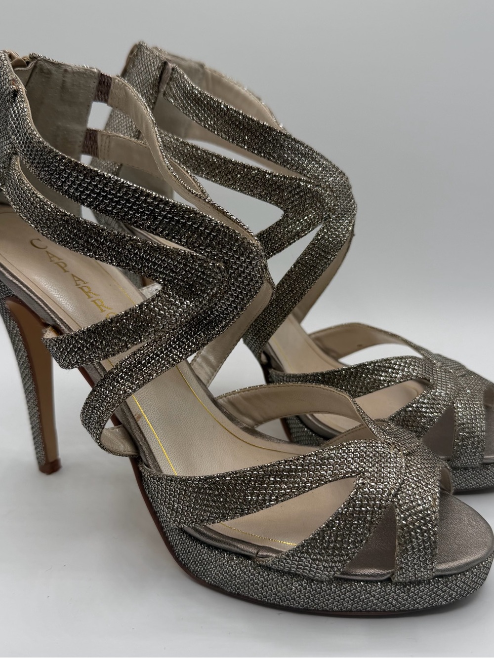 Caparros Pewter Glitter Platform Strappy Heels Women’s 10B Evening Shoes